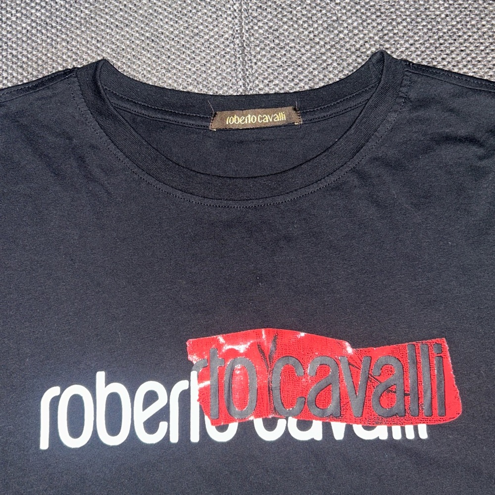 Roberto Cavalli Black Tee with Red Logo Accent